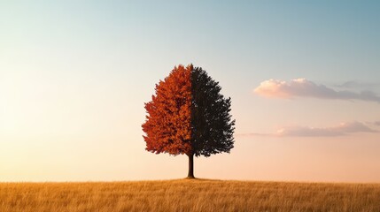 Vibrant Tree Half Green Half Red Against Blue Sky at Sunset