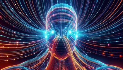 Synthetic Mind Visualization of a Complex Cyber Network in an Abstract Artificial Intelligence Landscape, Depicting Advanced Technology and Digital Connections in a Vibrant Futuristic Scene from