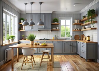 Vintage-inspired gray kitchen with wooden details, a minimalist aesthetic.