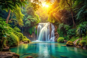 Obraz premium Vintage rainforest waterfall panorama, a stunning vista.