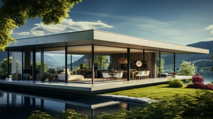 a minimalist villa surrounded by lush vineyards under a clear blue sky.  architectural simplicity of the villa and the vibrant green of the grapevines, peace and relaxation.