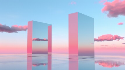Fototapeta premium Reflective Glass Structures in Pink and Blue Sky at Sunset