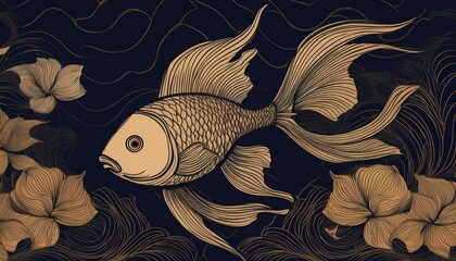 Stunning Line Art Abstraction of Dark Seascape with Swimming Goldfish, Showcasing a Vibrant Gold and Blue Palette in an Oceanic Dreamscape, Ideal for Digital Art, Home Decor, or Design