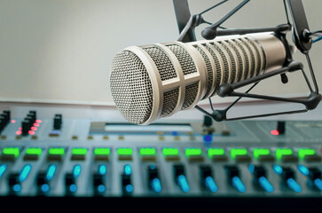 Professional microphone and sound mixer in radio station studio