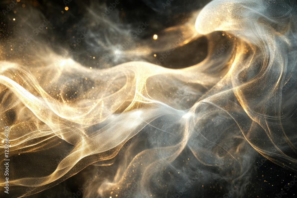 Poster abstract golden smoke and dust particles swirl on dark background, creating a magical, ethereal atmo