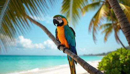 Vibrant Blue and Gold Macaw Perched on Palm Tree Branch at Tropical Beach Paradise
