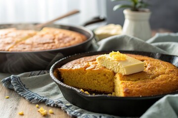 Southern skillet cornbread, a long exposure masterpiece of warm, golden hues.