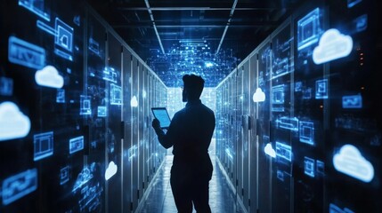Silhouette of a Man Using Tablet in a Blue Lit Data Center