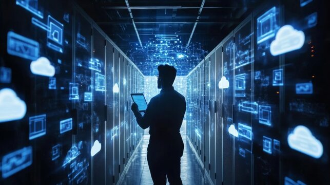 Silhouette of a Man Using Tablet in a Blue Lit Data Center
