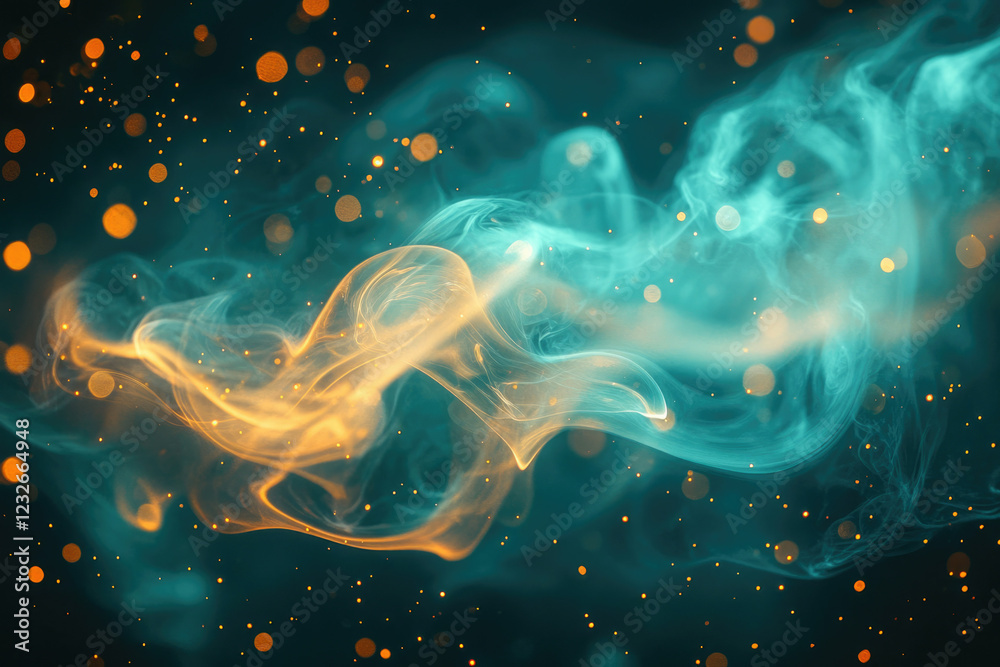 Poster abstract art of swirling teal and gold smoke with bokeh lights, creating a dreamy, ethereal atmosphe