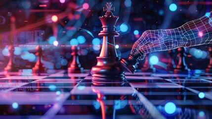 An intense and dramatic chess scene showcasing a king under check, beautifully enhanced by vibrant light effects