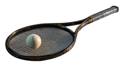 A tennis racket with a ball resting on it on a transparent background