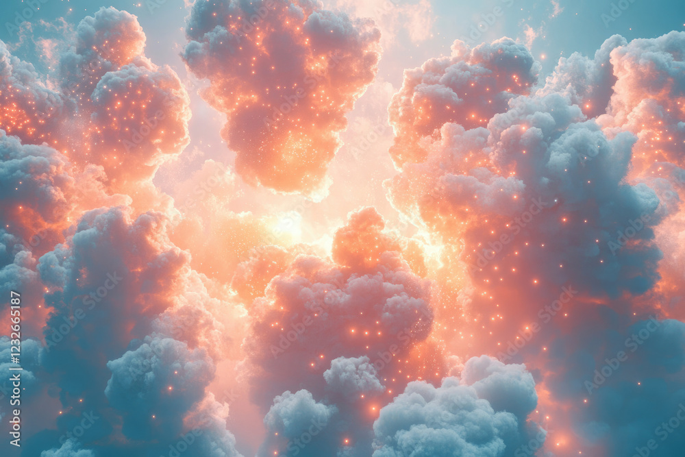 Poster A breathtaking celestial scene of luminous clouds, glowing with ethereal light and sparkling particles.