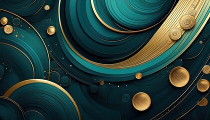 Vibrant Teal and Golden Abstract Artwork Showcasing Interconnected Circular Patterns in a Mysterious, Deep Background.