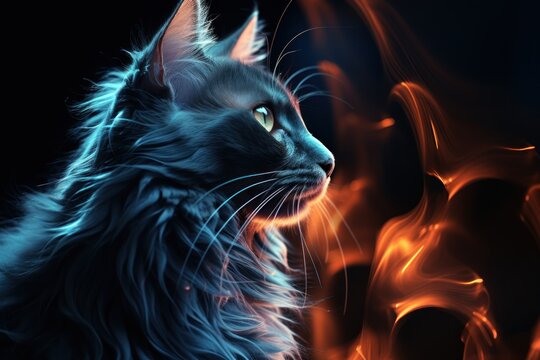 Majestic cat, fiery backdrop, profile view, digital art, pet poster