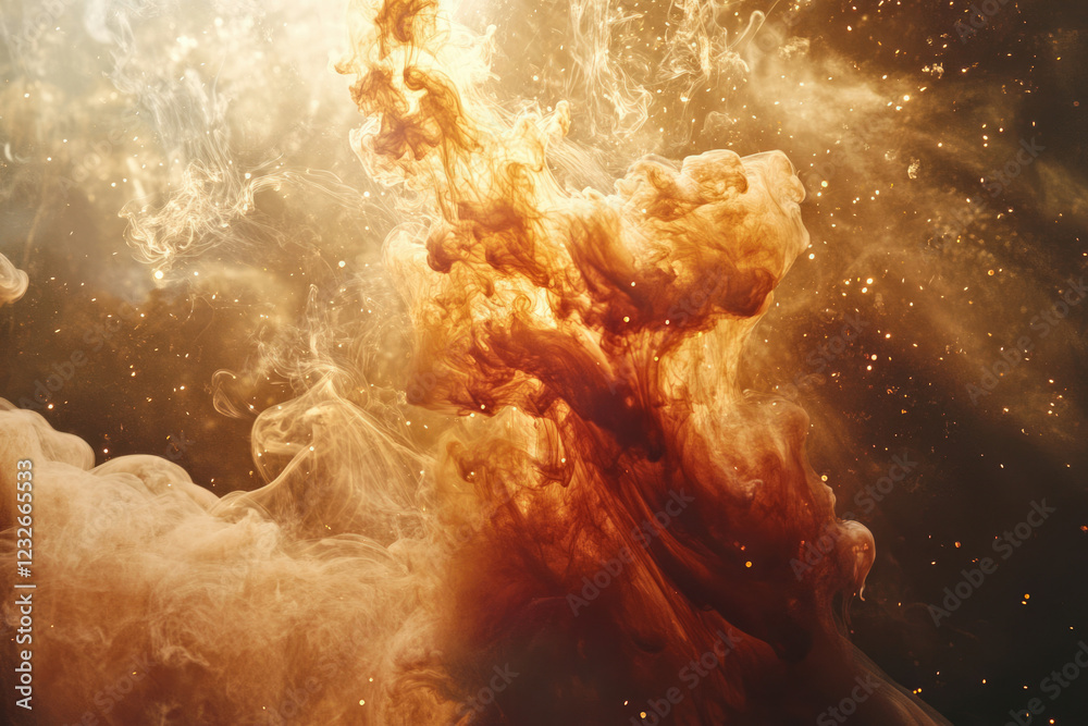 Aufkleber abstract swirling orange and brown ink in water, creating a mesmerizing cosmic effect with golden sp