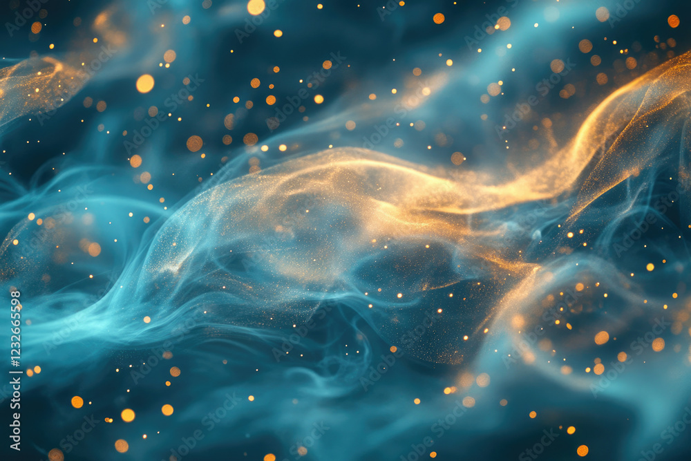 Poster abstract image of swirling teal and gold smoke with glittering particles, creating a dreamy, etherea