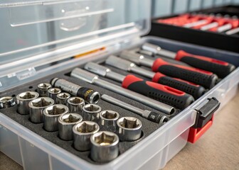 Fototapeta premium Professional socket wrench set showcased in a clear plastic case; a close-up.