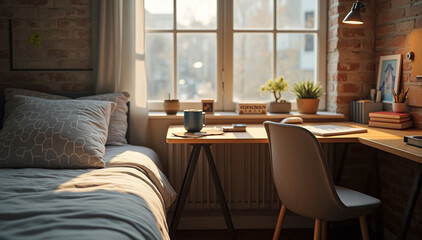 A cozy dorm room bathed in warm, natural light, symbolizing college life and student independence