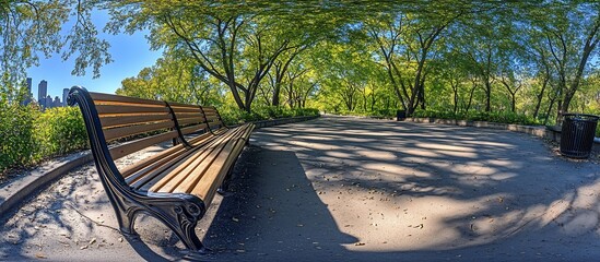 Park bench path cityscape sunny day