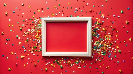 Panoramic mockup, vibrant red confetti border.