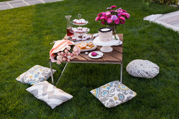 Beautifully served table with desserts on green grass. Summer picnic in the garden with muffins, cookies, cake, fresh fruits, cold lemonade, wine and beautiful flowers with pink decorations.