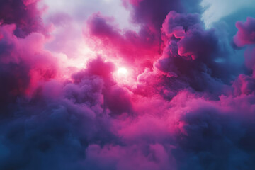 Vibrant pink and purple clouds illuminated by a bright sun, creating a dramatic and surreal celestial scene.