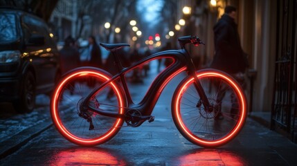 Sleek Black Electric Bicycle with Red Illuminated Wheels at Night in City Setting