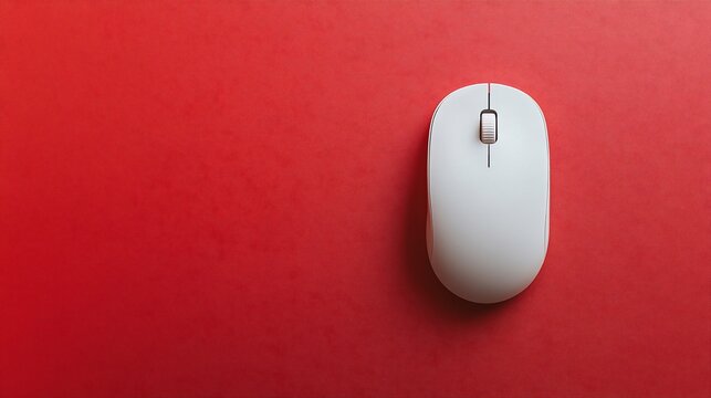 White wireless mouse on red background, copy space, online