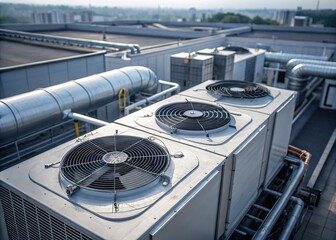 Fototapeta premium Modern building ventilation system with cooling fans and air ducts.