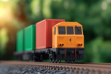 Fototapeta premium Supply chain resilience concept. A miniature train with colorful cargo containers is positioned on tracks, set against a blurred green background, highlighting transportation and model railroading.
