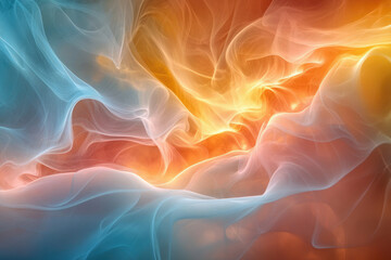 Fototapeta premium Abstract artwork depicting swirling, translucent colors of blue and orange, creating a dreamy, ethereal atmosphere.