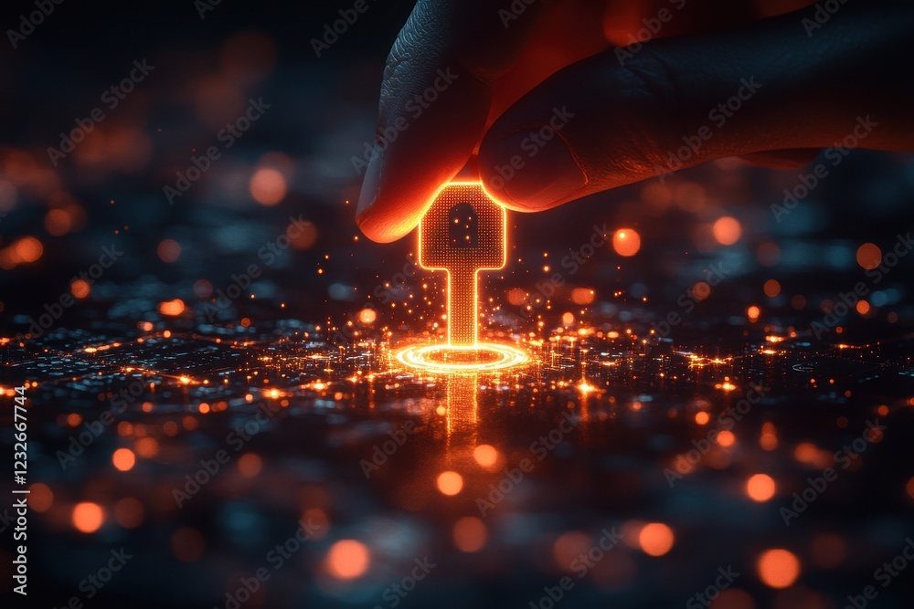 Poster digital lock symbol placed on a glowing network surface representing cybersecurity concepts and tech