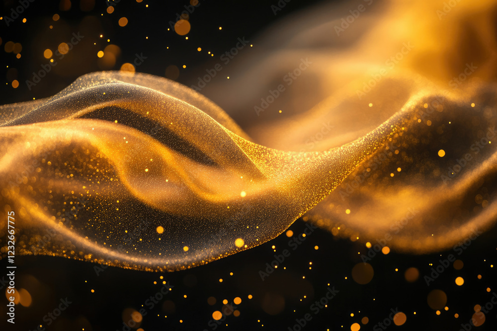 Poster Golden glittering particles flowing in a dark background, creating an abstract and luxurious visual effect.