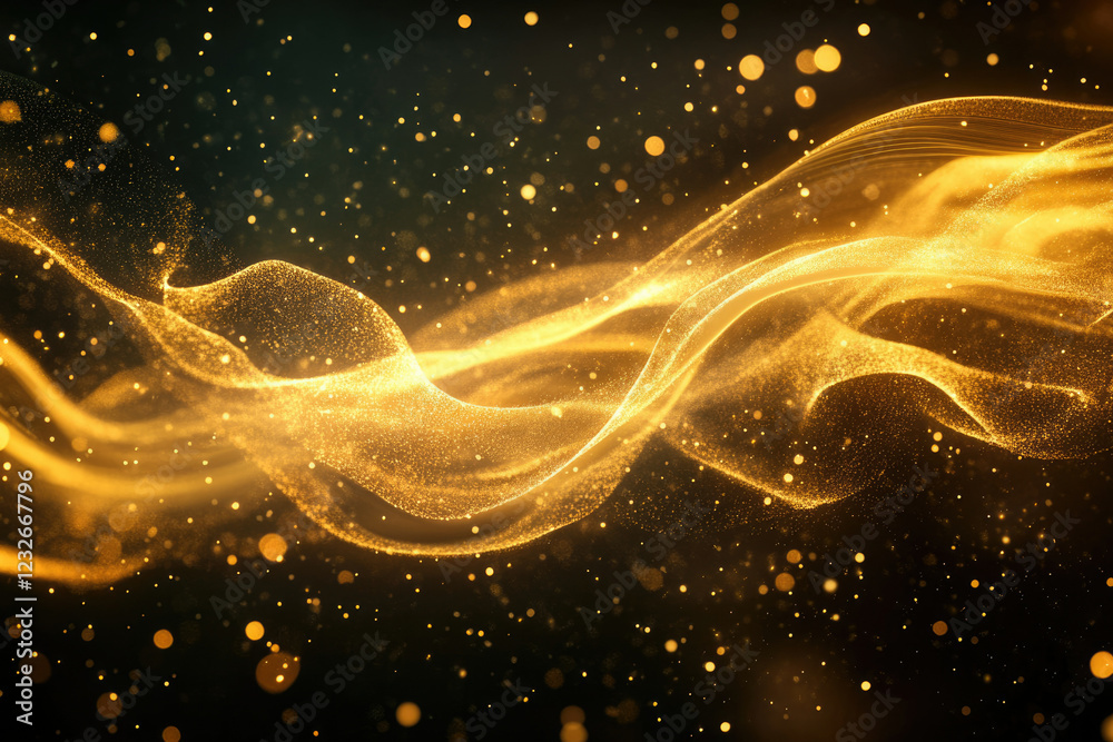 Poster abstract golden wave of particles on a transparent background, glittering and luxurious.