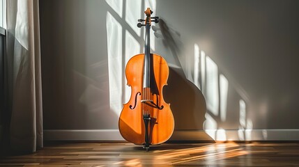Serene room featuring elegant cello with sunlight and sheet music bathed in warm glow