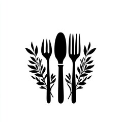 Silhouette of Cutlery and Herbs.  A simple design of a fork, spoon, and knife, surrounded by stylized herb sprigs, suitable for menus, cafes, or restaurants