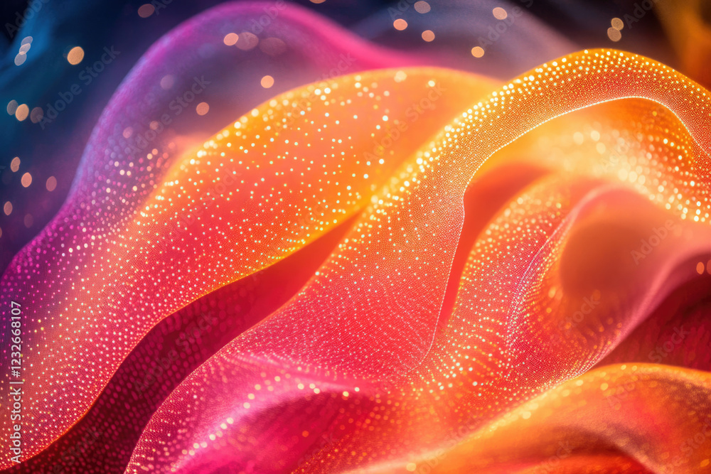 Poster Abstract image of vibrant, glowing fabric with warm color gradients and shimmering particles.