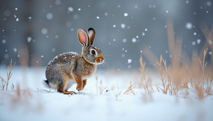 Obraz premium Adorable Cottontail Rabbit in Winter Wonderland Snow Falling Wildlife Photography