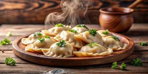 Steaming hot homemade pierogi dumplings on a wooden plate, kitchen, cuisine,  kitchen, cuisine
