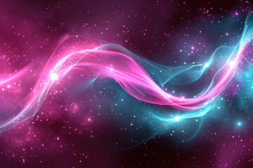 Obraz premium Glowing pink and teal cosmic waves flow through a starry nebula, creating a vibrant and ethereal scene.