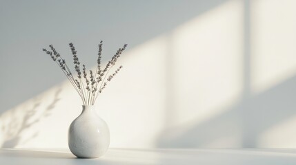 Dried lavender in vase, sunlit room, minimalist decor, website banner