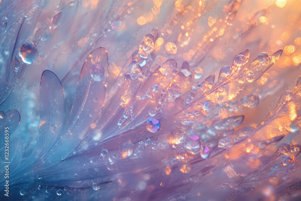 Poster delicate feather with water droplets, illuminated by warm light, creating a magical, ethereal scene.