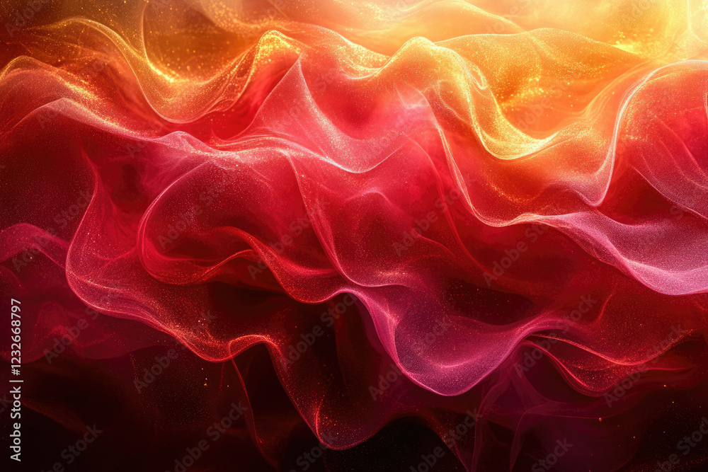 Poster Abstract image of red and gold glittering fabric, flowing in waves, creating a luxurious and elegant feel.