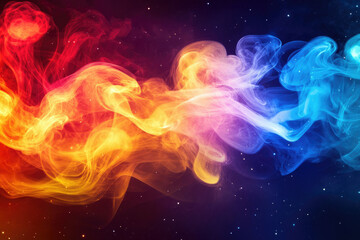 Abstract cosmic swirls of vibrant red, orange, and blue smoke against a starry backdrop.