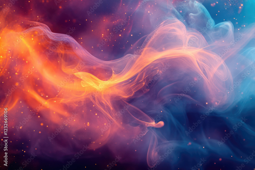 Poster abstract cosmic swirls of vibrant orange and blue smoke with glittering particles, creating a dreamy