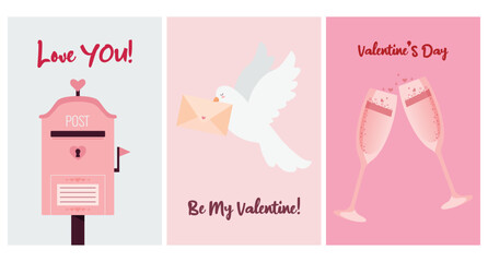 Big Valentine's day greeting card set with cute pink mailbox for love letters, dove and glasses of champagne. Valentine's day invitation card.