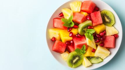 Fresh fruit salad with watermelon, pineapple, kiwi, and pomegranate