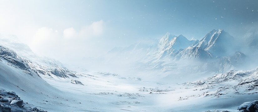 Snowy mountain range landscape, hazy valley, winter scene, game background