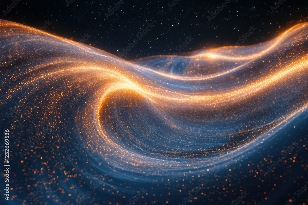 Poster abstract cosmic swirl of golden particles and blue nebula, celestial waves of light.